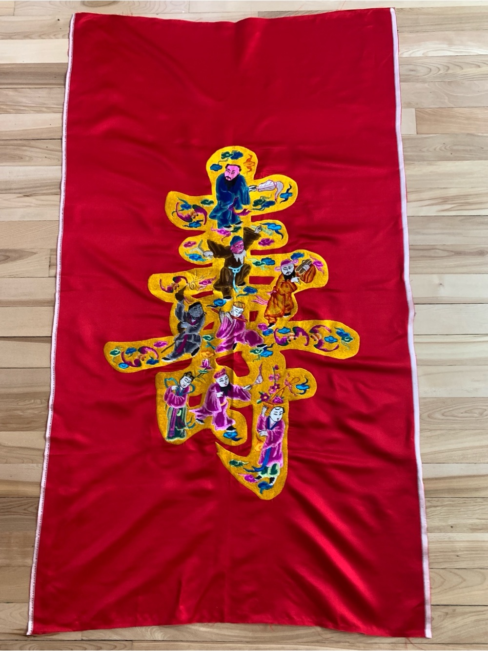 Chinese Embroidered Satin Panel Longevity Character 8 Immortals